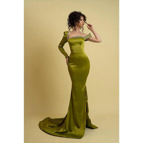 Vestido elegante de fiesta formal estilo sirena con mangas largas y cuentas de satén