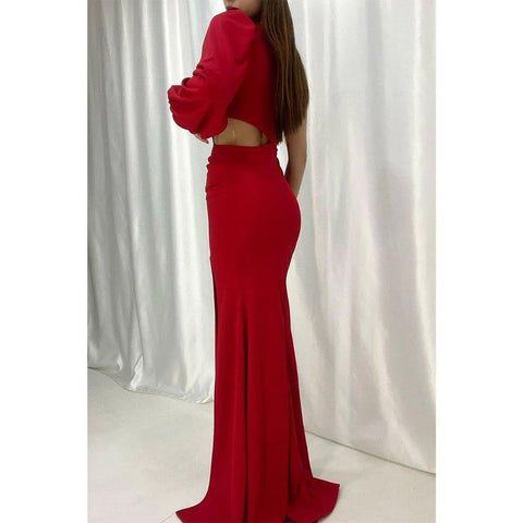Vestido formal elegante de corte tubo con un hombro al descubierto, mangas largas y pliegues 