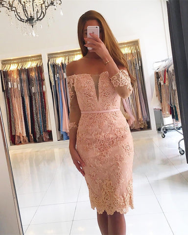 Chic Short Mermaid Off-the-shoulder Lace Prom Dress with Sleeves