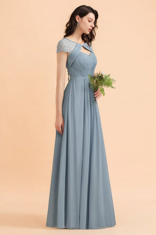 Chic Short Sleeves Lace Chiffon Bridesmaid Dress with Ruffles
