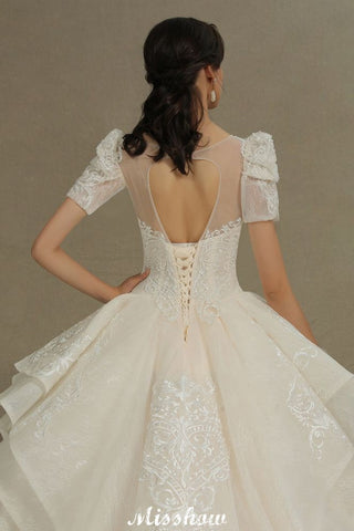 Chic Short Sleeves Tulle Lace Appliques Bridal Gown Spring Garden Wedding Dress