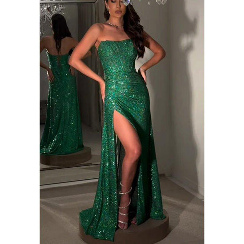 Vestido elegante de noche para fiesta de graduación, sin mangas, con lentejuelas y hombros descubiertos y abertura lateral