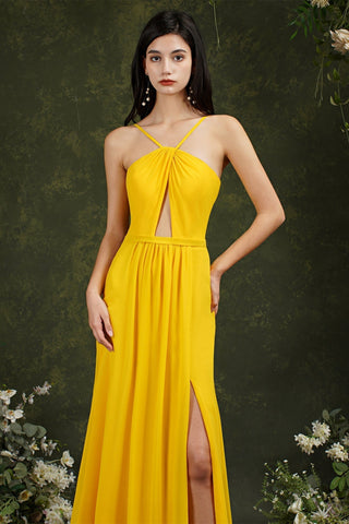 Chic Spaghetti Straps Halter A-Line Floor-length Split Bridesmaid Dress With Pockets
