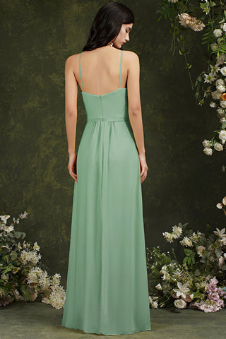 Chic Spaghetti Straps Halter A-Line Floor-length Split Bridesmaid Dress With Pockets
