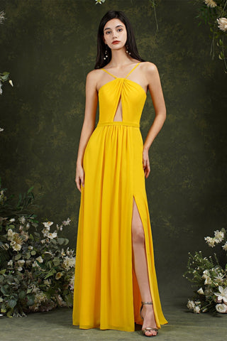 Chic Spaghetti Straps Halter A-Line Floor-length Split Bridesmaid Dress With Pockets