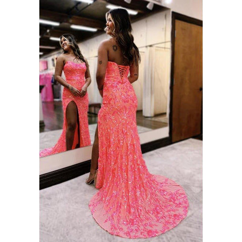 Robe de soirée fourreau trompette chic et scintillante, épaules dénudées, sans manches, fente latérale