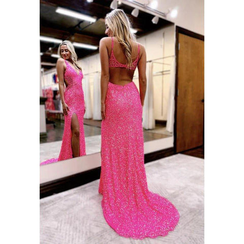 Vestido elegante de noche para fiesta, graduación, con escote en V, tirantes finos, abertura lateral y lentejuelas