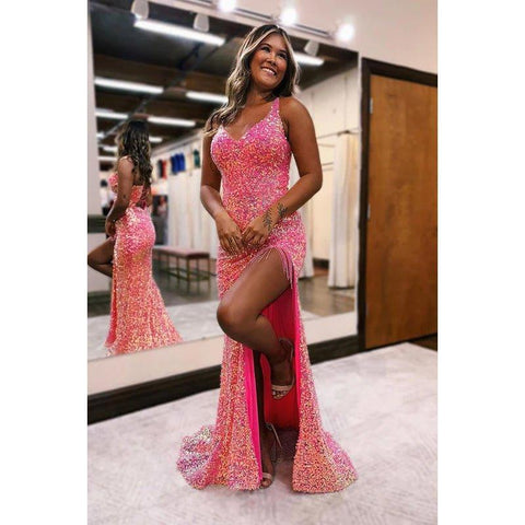 Vestido elegante de noche para fiesta, graduación, con escote en V, tirantes finos, lentejuelas y abertura lateral