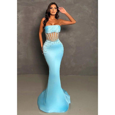 Elegantes vestidos de noche formales de sirena con cuentas y sin tirantes 