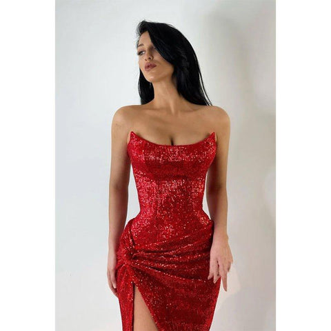 Robe de bal sirène chic sans bretelles à paillettes et fente haute 