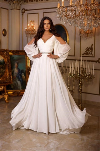 Chic Summer Chiffon A-line V-neck Wedding Dresses With Long Sleeves