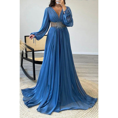 Robe de bal longue trapèze chic à col en V et manches longues avec taille perlée 