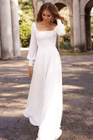 Chic White Satin Long Sleeves A-Line Wedding Dresses Long