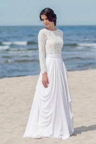 Chiffon Lace Long Sleeve White Zipper Beach Wedding/Bridal Dress WD451