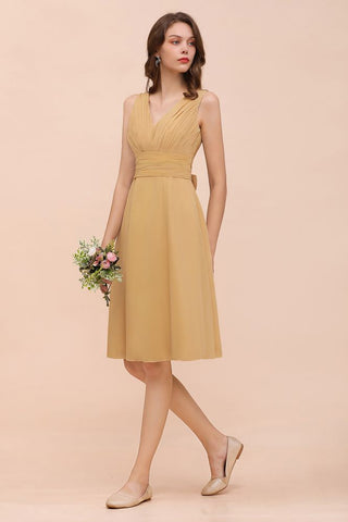Chiffon Mini Golden Bridesmaid Dress Daily Casual Dress Sleeveless V-neck