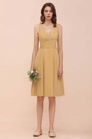 Chiffon Mini Golden Bridesmaid Dress Daily Casual Dress Sleeveless V-neck