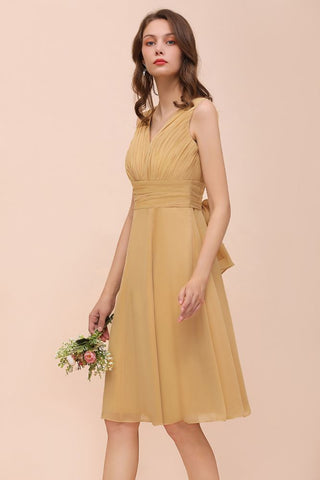 Chiffon Mini Golden Bridesmaid Dress Daily Casual Dress Sleeveless V-neck