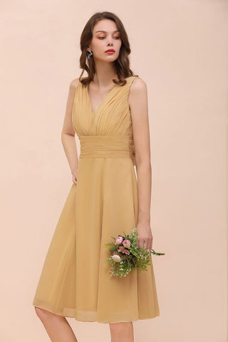 Chiffon Mini Golden Bridesmaid Dress Daily Casual Dress Sleeveless V-neck