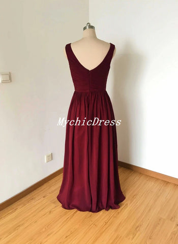 Baoleely Sleeveless Long V-Neck Chiffon Bridesmaid Dresses Burgundy