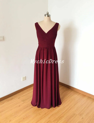 Baoleely Sleeveless Long V-Neck Chiffon Bridesmaid Dresses Burgundy