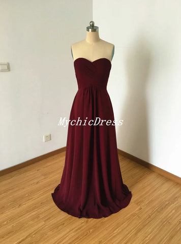 Sweetheart Burgundy Bridesmaid Dresses Chiffon Long Wedding Guest Dress