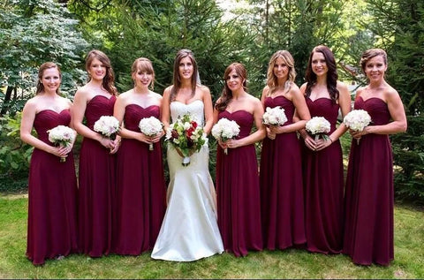 Sweetheart Burgundy Bridesmaid Dresses Chiffon Long Wedding Guest Dress