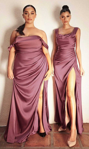 Draped Off Shoulder Gown With Slit