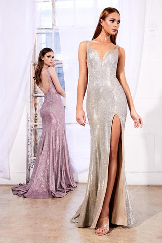Long Metallic Prom Sexy Slit Gown
