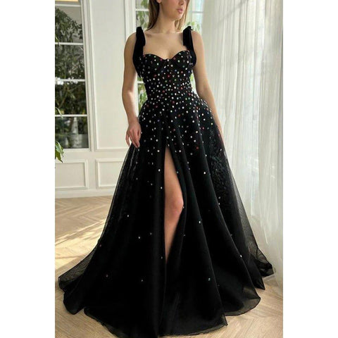Robe de bal de fin d'année classique noire trapèze à bretelles en cœur et fente en tulle avec bijou