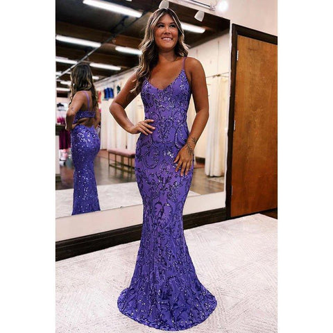 Vestido clásico moderno de sirena con escote en V y tirantes finos para fiesta de noche y graduación