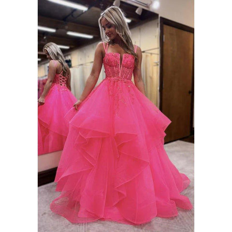 Vestido de fiesta clásico y atemporal de tul con tirantes cruzados, sin mangas, corte A y apliques