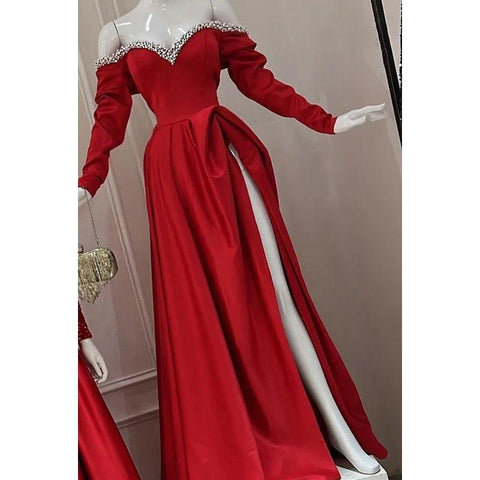 Robe de soirée trapèze classique et intemporelle, épaules dénudées, fente latérale, avec perles