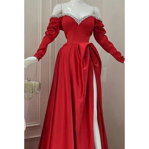 Robe de soirée trapèze classique et intemporelle, épaules dénudées, fente latérale, avec perles