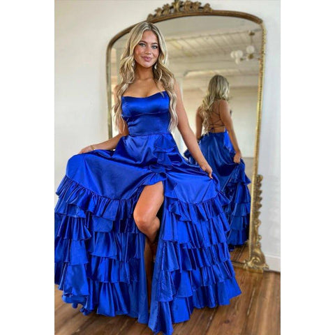 Vestido formal de fiesta, clásico y atemporal, sin mangas, con corte A y abertura lateral y hombros descubiertos