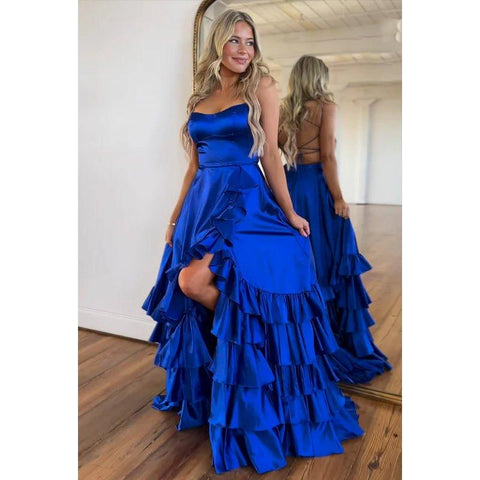 Vestido formal de fiesta, clásico y atemporal, sin mangas, con corte A y abertura lateral y hombros descubiertos