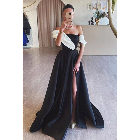 Vestido clásico y atemporal de fiesta de noche con hombros descubiertos y mangas casquillo en forma de A