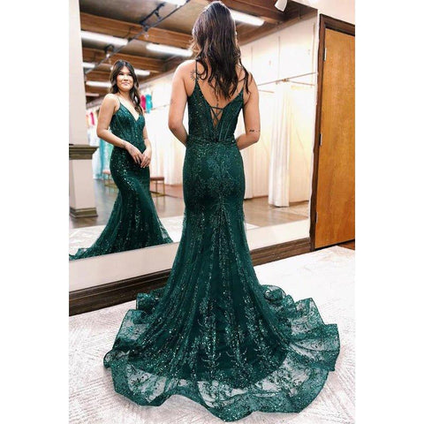 Vestido clásico y atemporal de fiesta con tirantes finos, escote en V, corte sirena, corte trompeta y lentejuelas