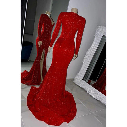 Vestido de fiesta de noche clásico y atemporal con escote en V, mangas largas, corte sirena, lentejuelas y abertura