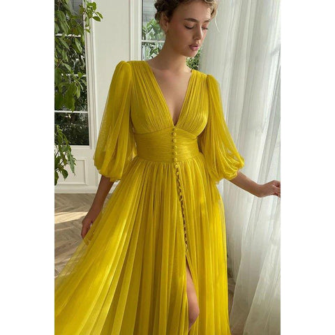 Vestido formal de fiesta de tul clásico y atemporal con escote en V, mangas largas, corte A y abertura lateral