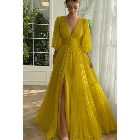 Vestido formal de fiesta de tul clásico y atemporal con escote en V, mangas largas, corte A y abertura lateral