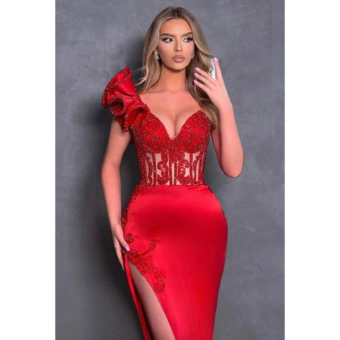 Vestido de fiesta formal clásico y atemporal con escote en V, abertura lateral y sin mangas