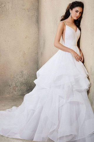 ClassicSpaghetti-Straps V-Neck Wedding Dress Ruffles Chiffon Tulle Designer Bridal Dress