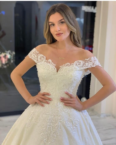 Classy Long A-Line Off-the-Shoulder Appliques Lace Backless Wedding Dress