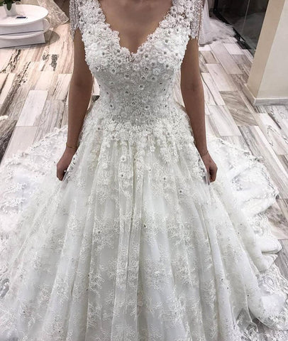 Classy Long A-Line V-neck Appliques Lace Crystal Wedding Dress