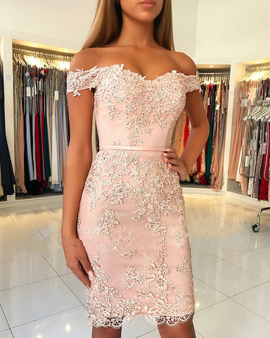 Classy Short Mermaid Off-the-shoulder Lace Prom Dress