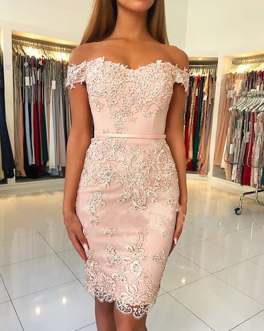Classy Short Mermaid Off-the-shoulder Lace Prom Dress