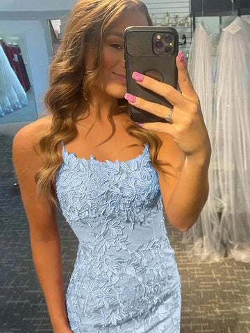 Column Lace Spaghetti Straps Short Prom Dresses