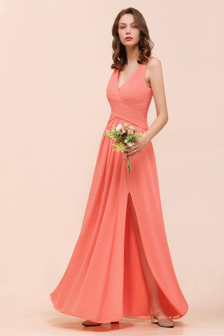 Coral Beach Bridesmaid Dress Front Split Wedding Party Dress
