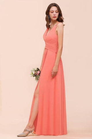 Coral Beach Bridesmaid Dress Front Split Wedding Party Dress