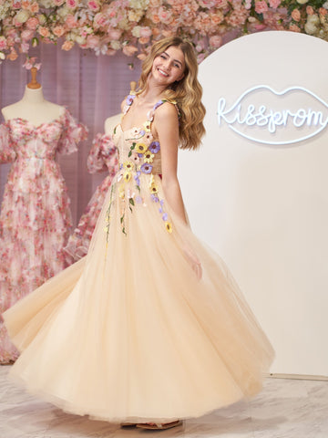 A-Line Corset Midi Prom Dress with 3D Flowers